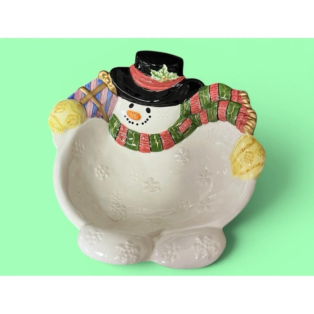 Fitz & Floyd Frosty Folks Snowman Candy Bowl Dish Winter Holiday Christmas Decor